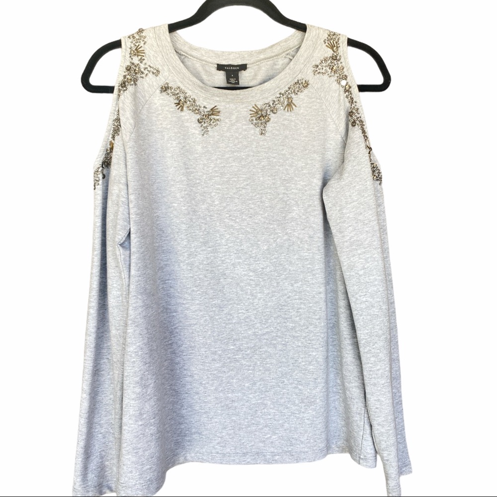 Halogen Beaded Cold Shoulder Gray Sweater size S
